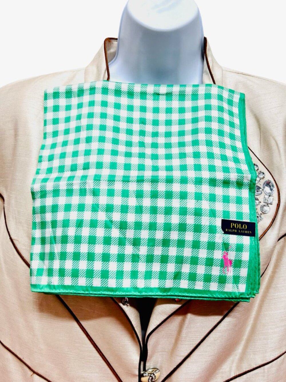 New Polo Ralp Raurent Mini Scarf/Handkerchief  cotton 20"  Green wihte check(89 - Picture 4 of 12
